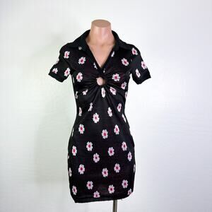 Luna Chix Daisy Floral V-Neck Collar Sleeve Mini Dress Black y2k 90s Small NWOT